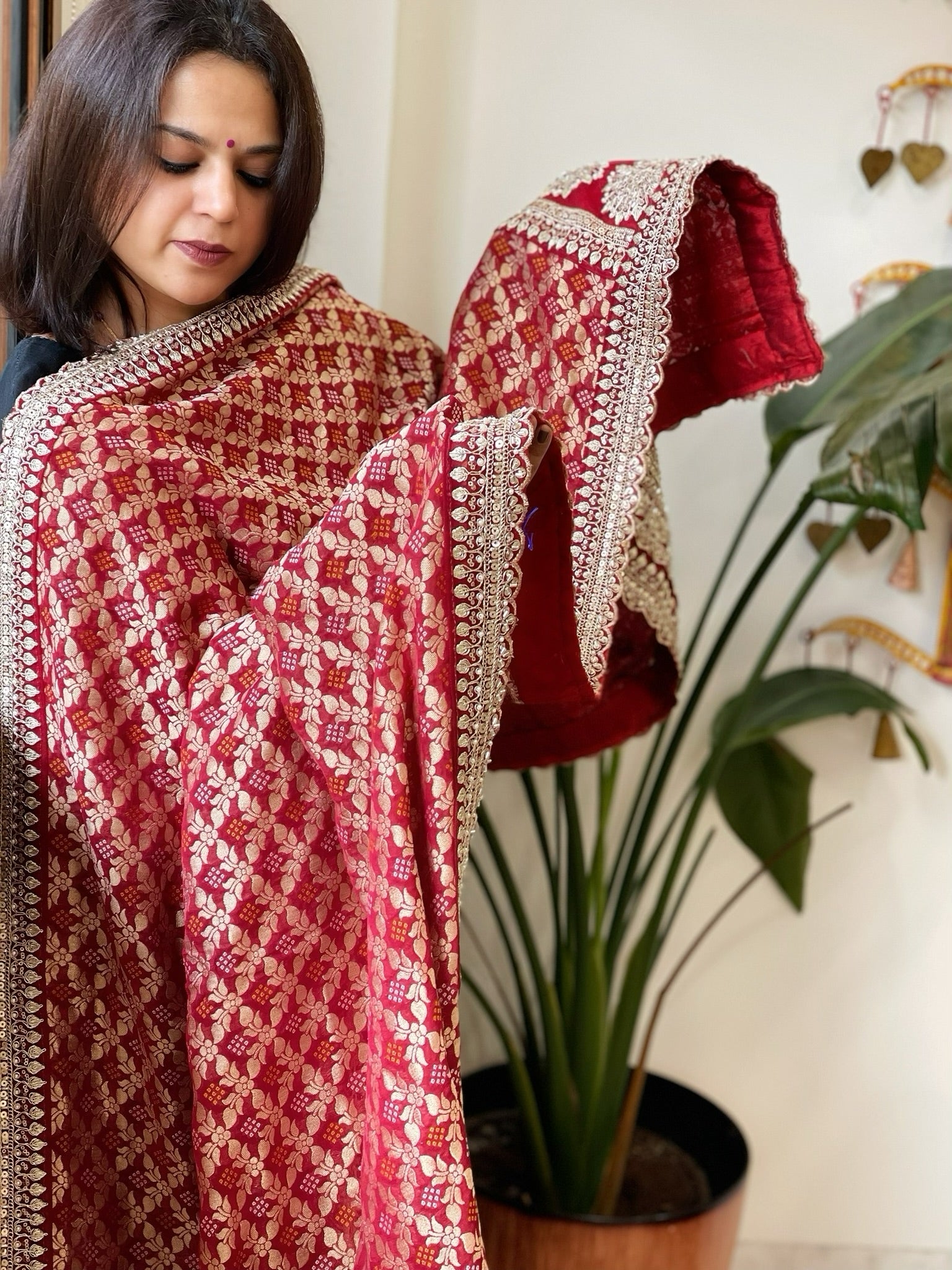 Maroon Woven Bandhej Banarasi Dupatta in Fine Georgette with Zardosi Work - Masakalee