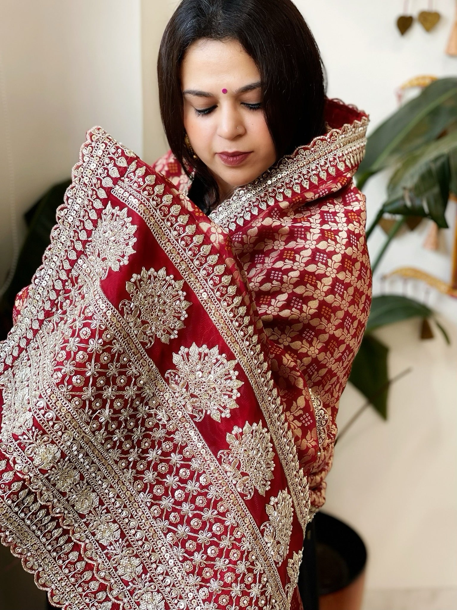 Maroon Woven Bandhej Banarasi Dupatta in Fine Georgette with Zardosi Work - Masakalee