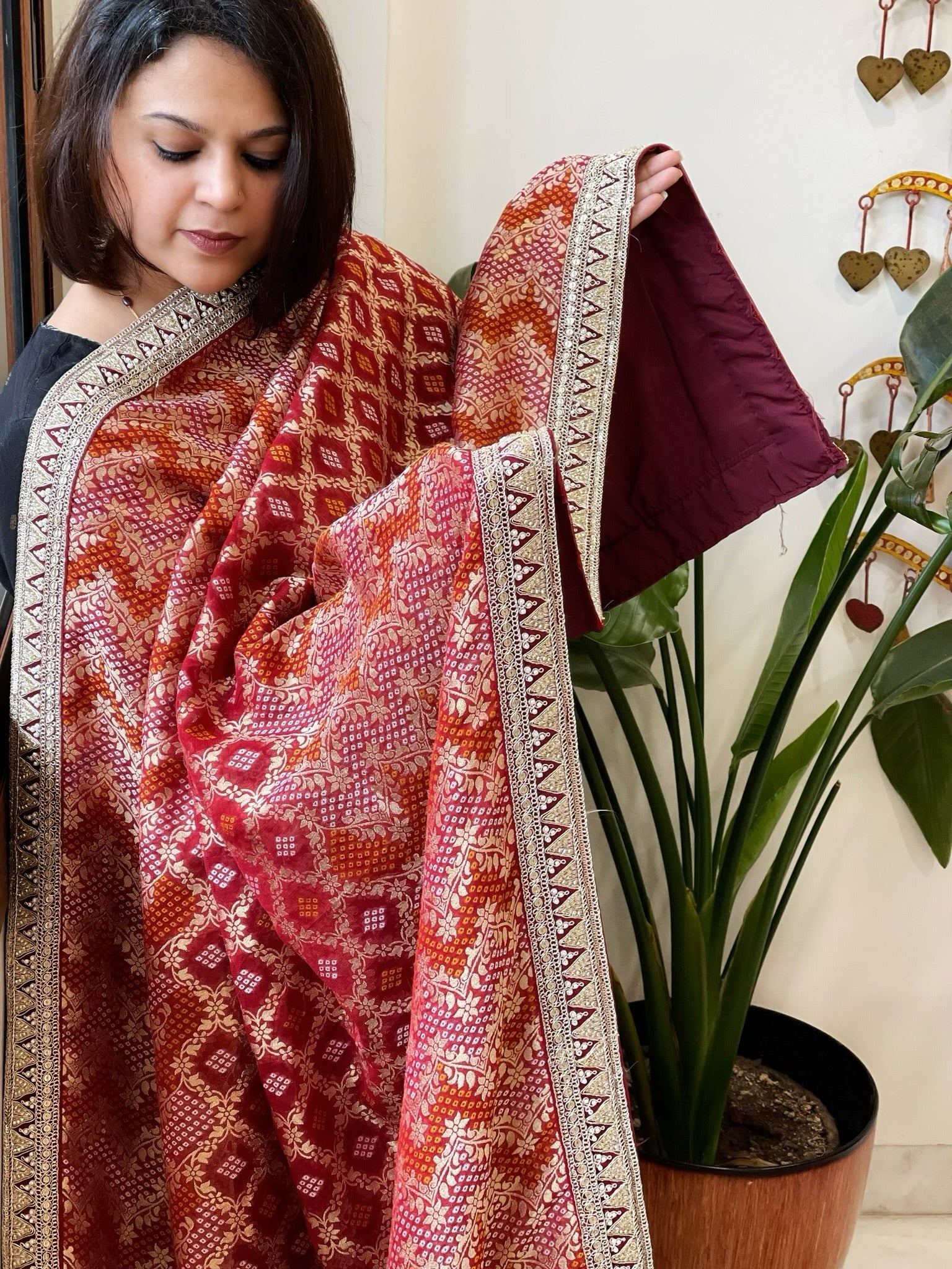 Maroon Woven Bandhej Banarasi Dupatta in Fine Georgette with Zardosi Work - Masakalee