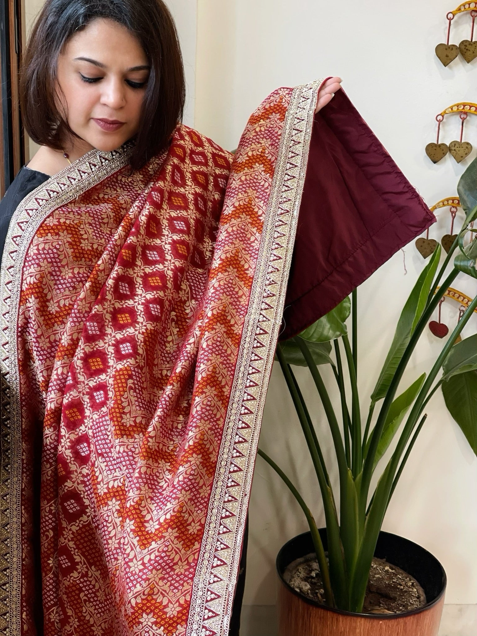 Maroon Woven Bandhej Banarasi Dupatta in Fine Georgette with Zardosi Work - Masakalee
