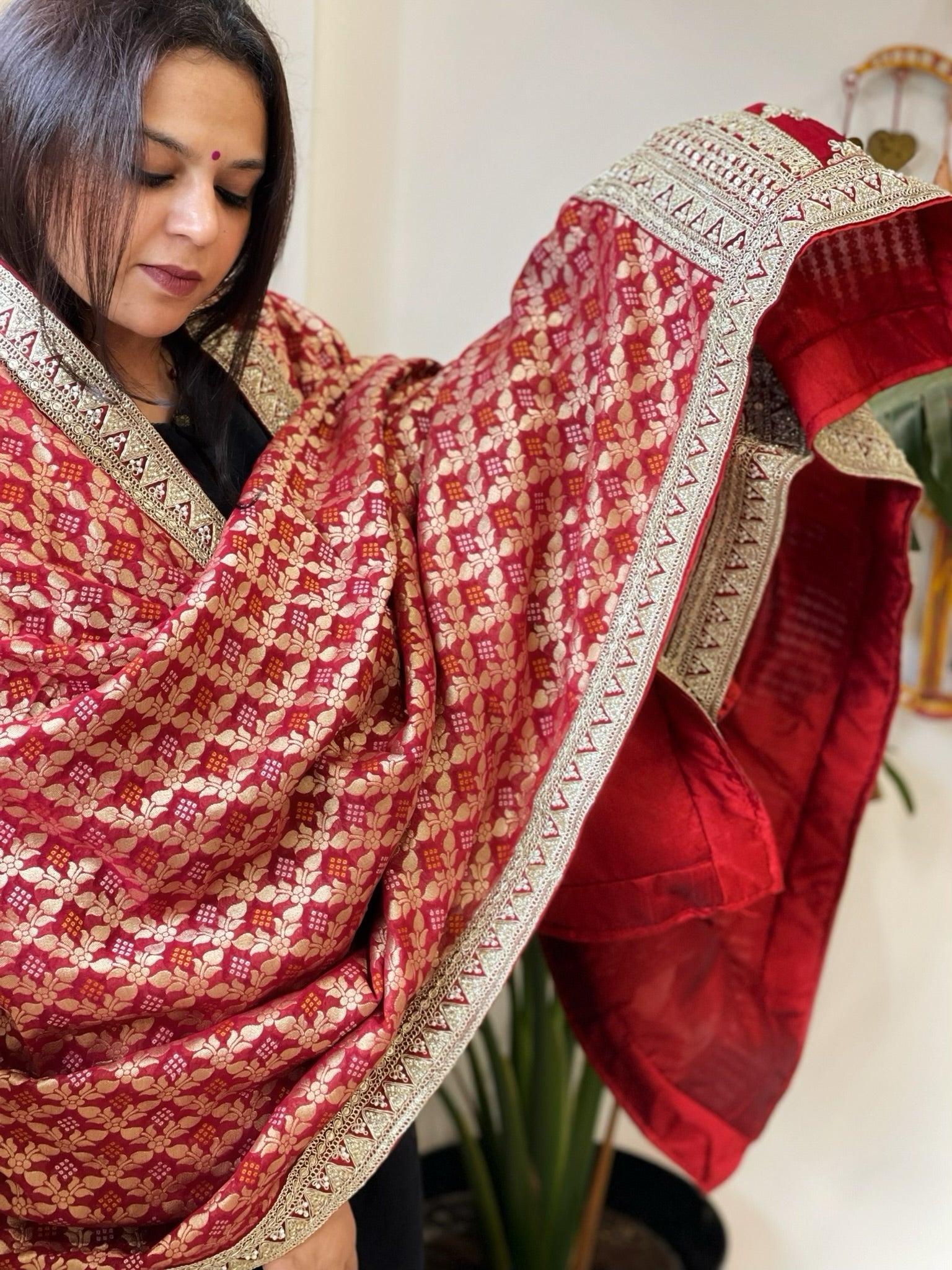 Maroon Woven Bandhej Banarasi Dupatta in Fine Georgette with Zardosi Work - Masakalee