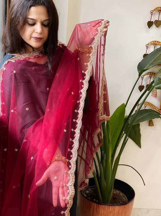 Maroonish Pink Net Dupatta with Pearl, Sequin and Cut Daana Embroidery - Masakalee
