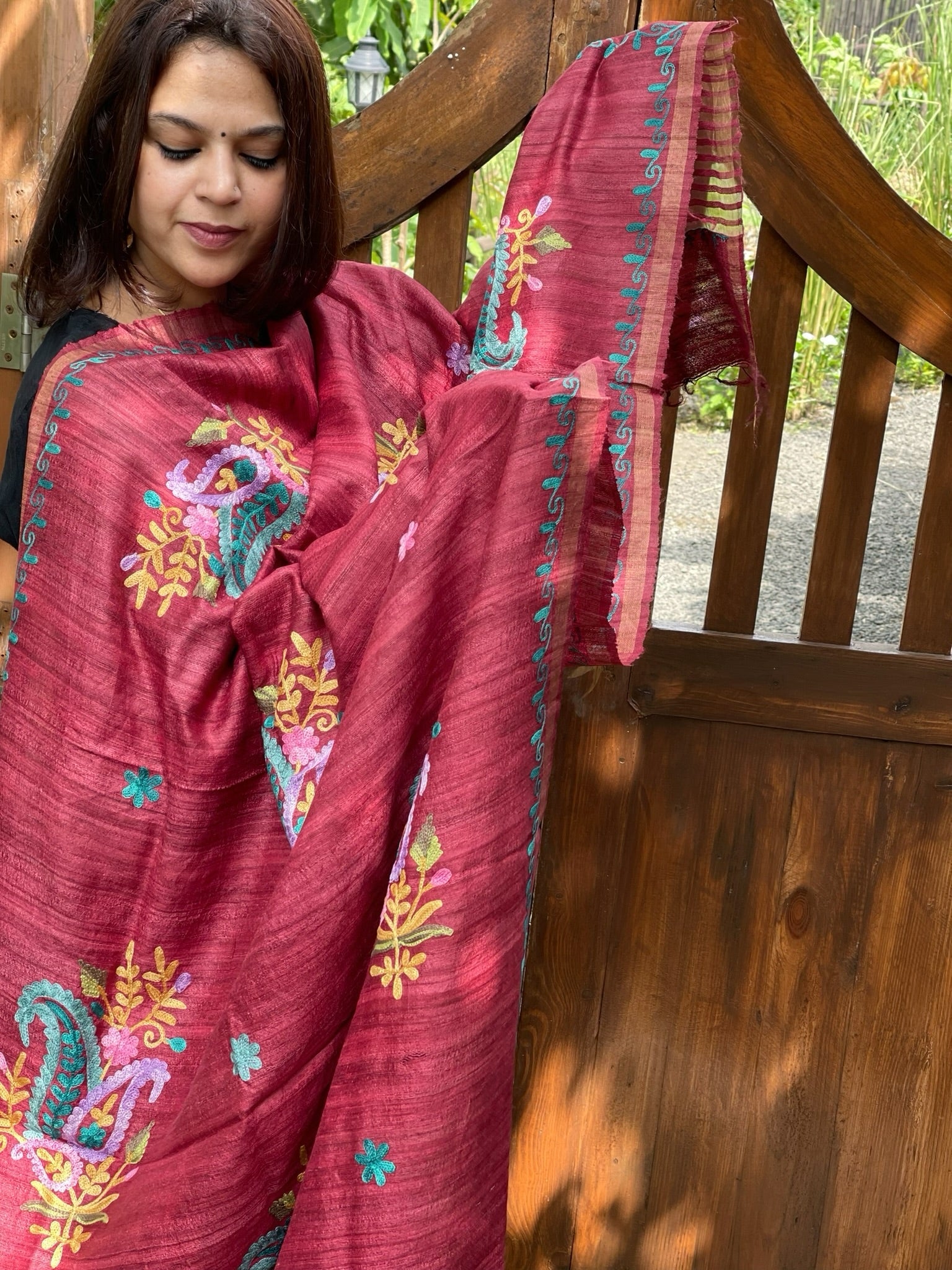 Maroonish Red Kashmiri Aari Embroidered Dupatta in Geecha Silk - Masakalee