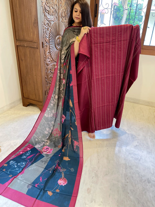 Maroonish Red Suit Set with Kantha Stitch Work on Glazed Cotton - Masakalee