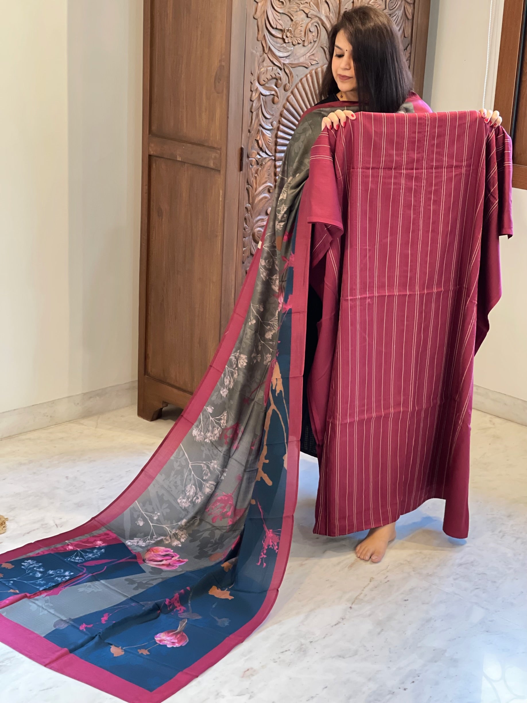 Maroonish Red Suit Set with Kantha Stitch Work on Glazed Cotton - Masakalee
