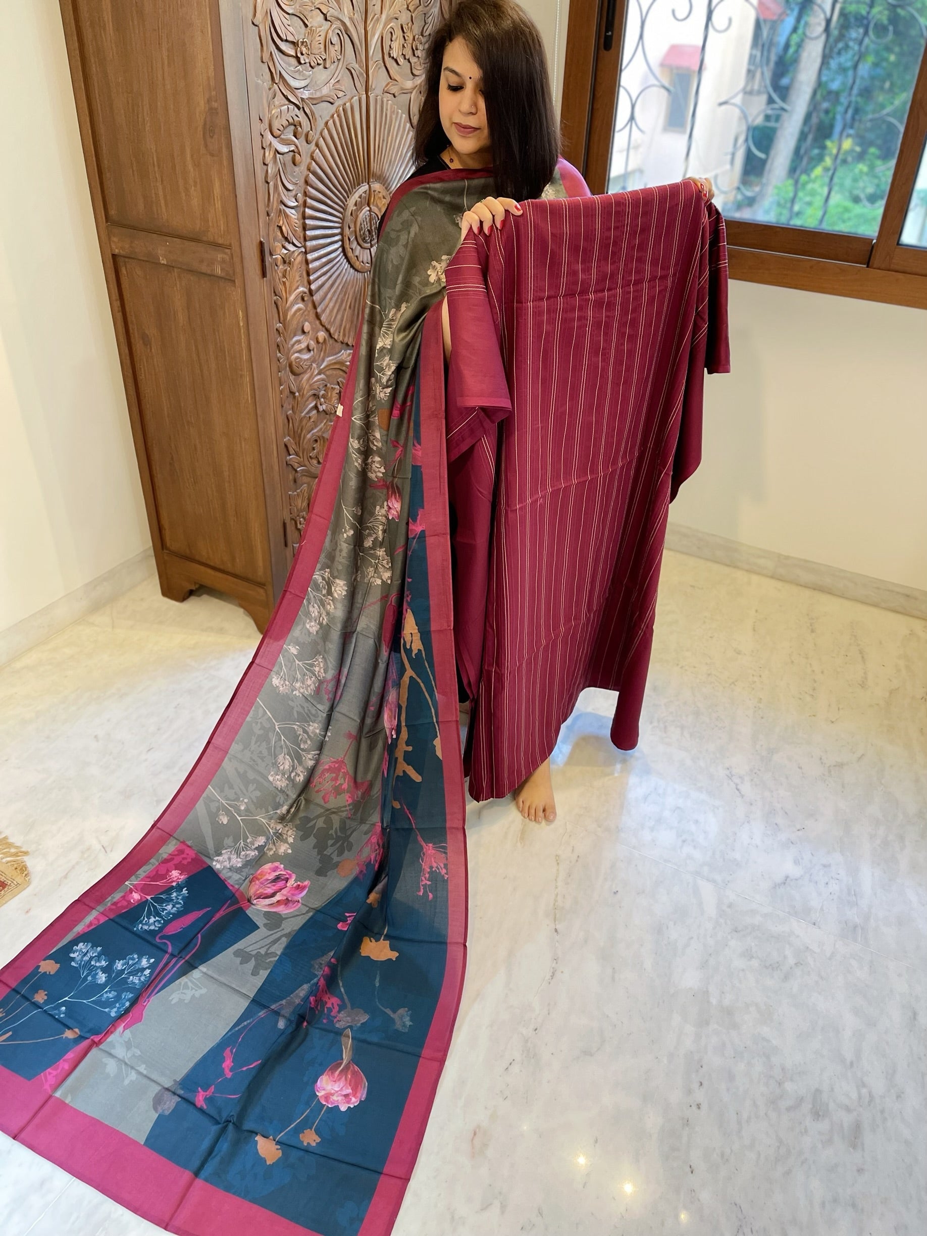 Maroonish Red Suit Set with Kantha Stitch Work on Glazed Cotton - Masakalee