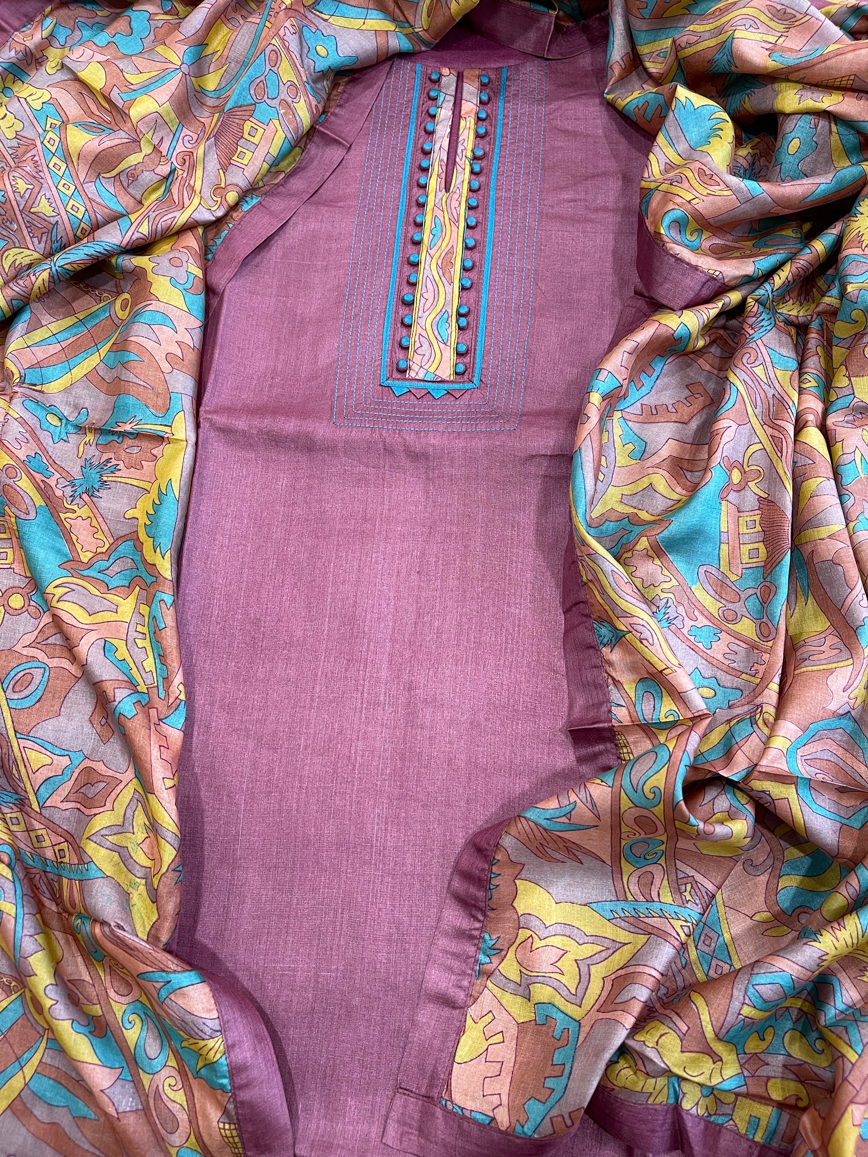 Mauve Dupatta Set (Kurta+Dupatta) with Handblock Print in Pure Tussar Silk - Masakalee