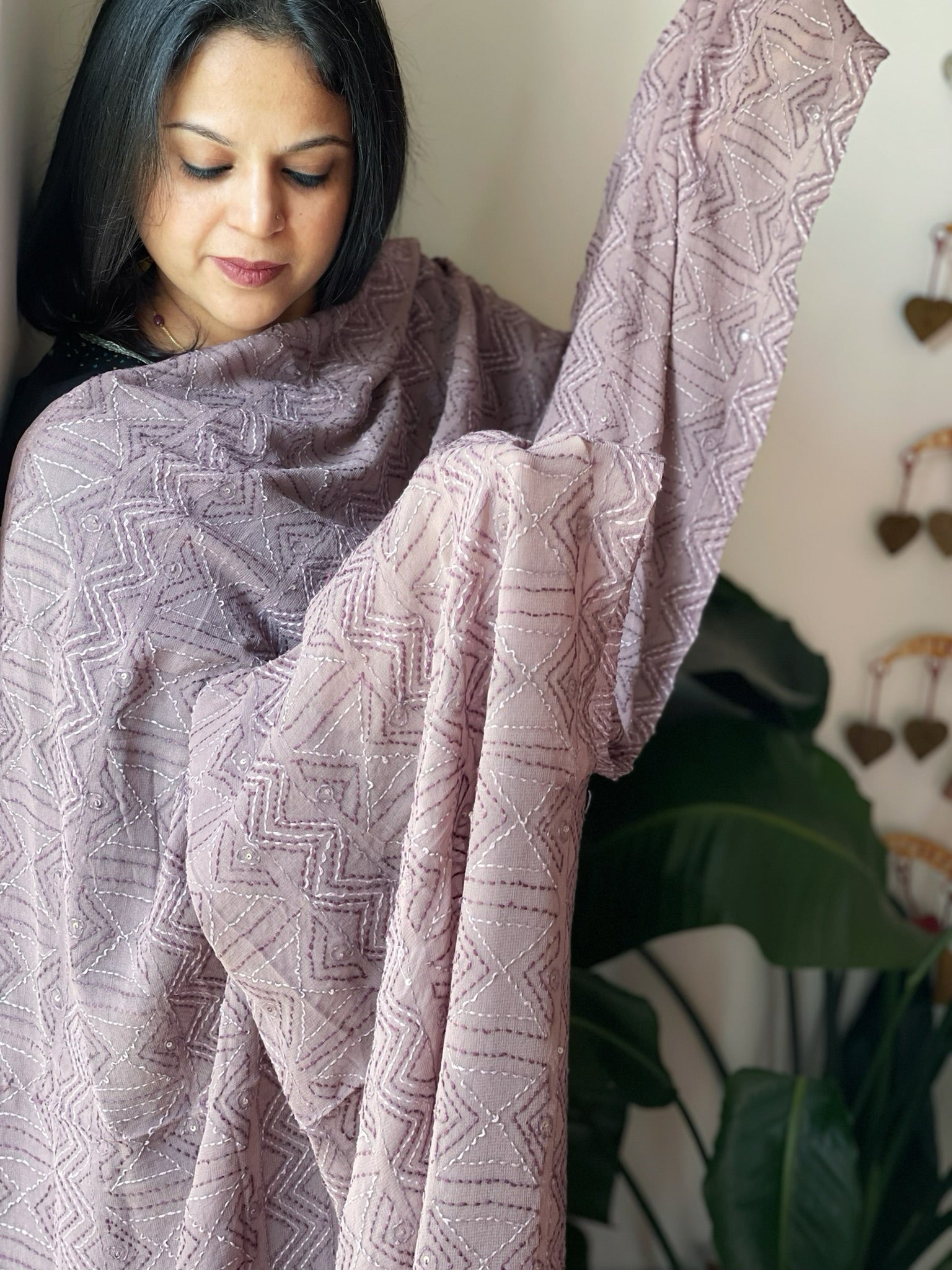Mauve Hand Embroidered Dupatta in Georgette - Masakalee