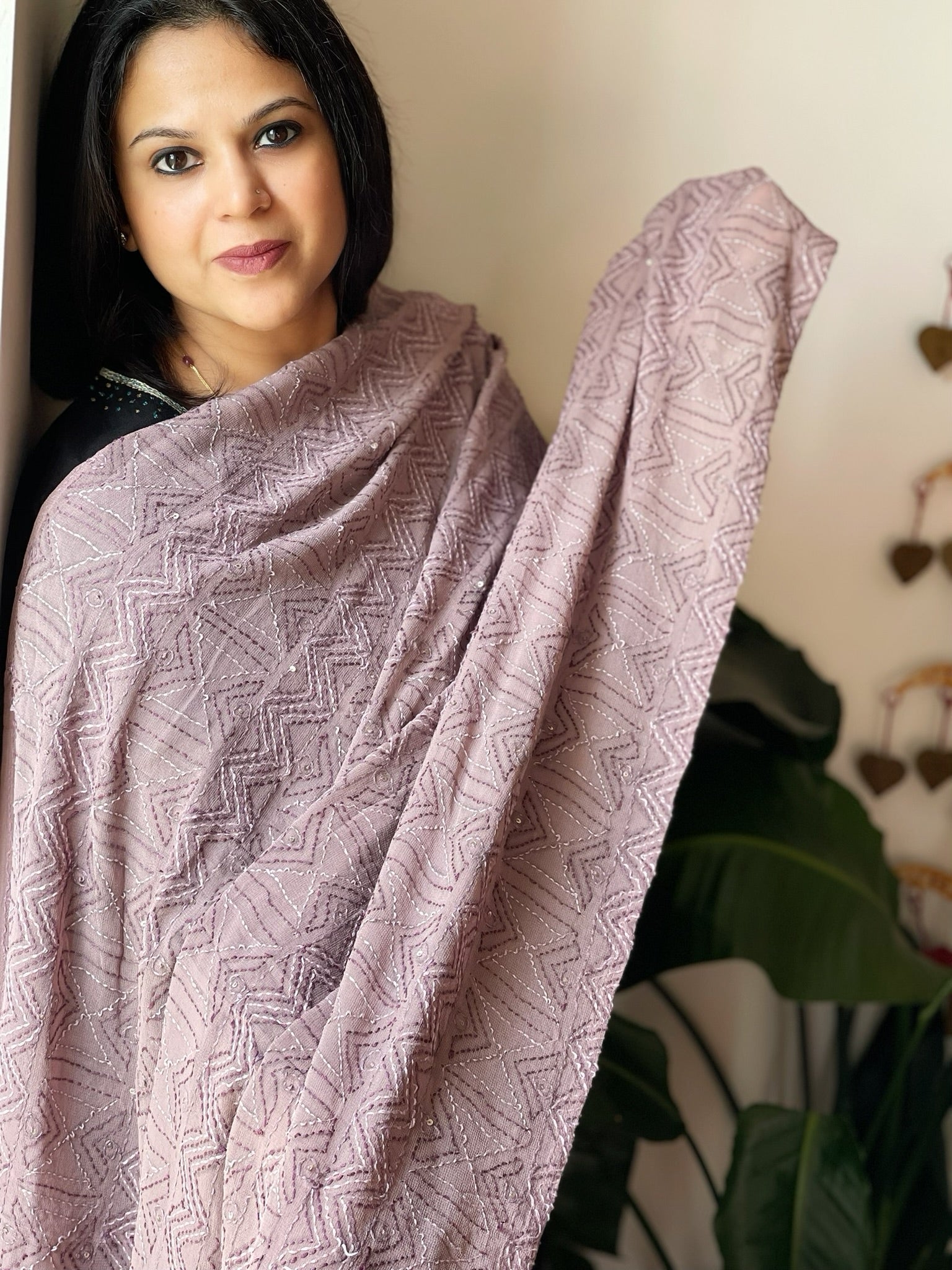 Mauve Hand Embroidered Dupatta in Georgette - Masakalee