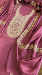 Mauve Pink Winter Suit Set with Aari Work in Pashmina Wool - Masakalee