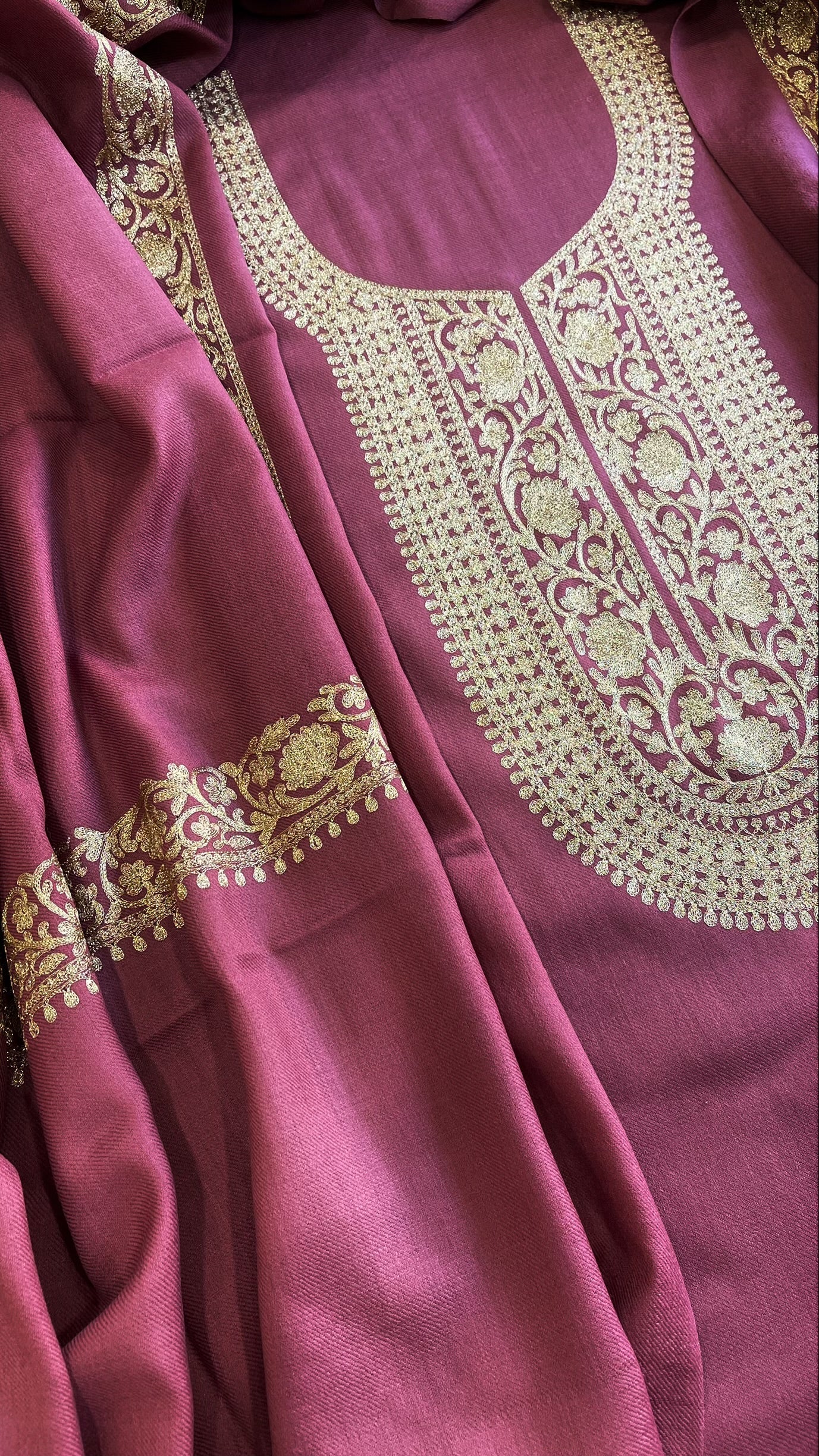 Mauve Pink Winter Suit Set with Aari Work in Pashmina Wool - Masakalee