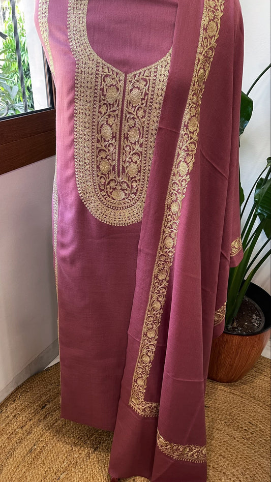 Mauve Pink Winter Suit Set with Aari Work in Pashmina Wool - Masakalee