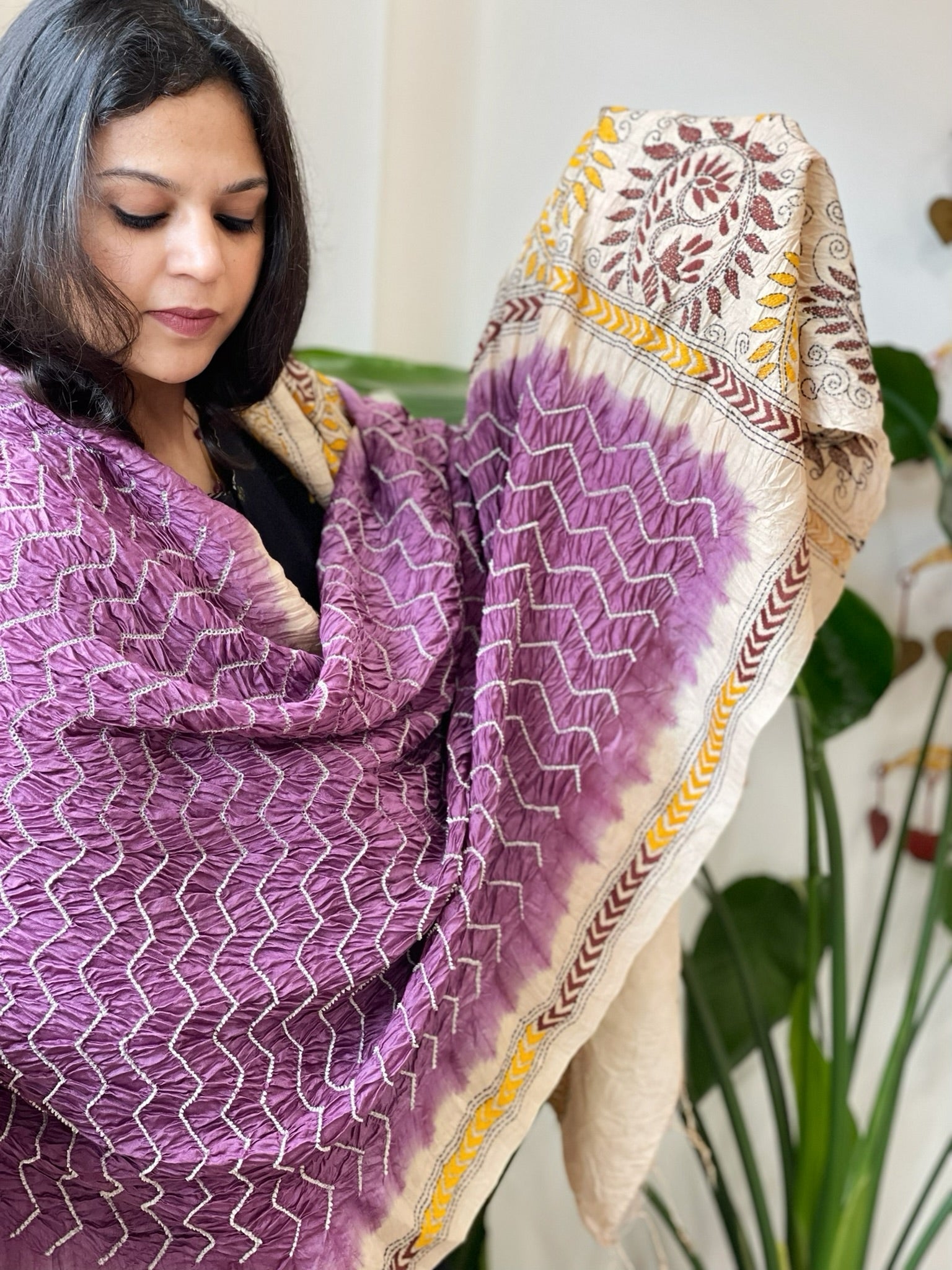 Mauve Rai Bandhej Dupatta with Kantha Handwork in Pure Munga Tussar Silk - Masakalee