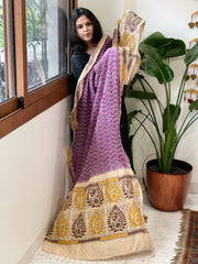 Mauve Rai Bandhej Dupatta with Kantha Handwork in Pure Munga Tussar Silk - Masakalee
