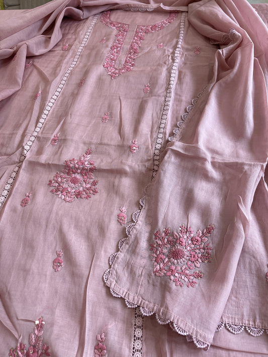 Mauve Suit Set with Sequin ad Knot handwork in Mul Chanderi - Masakalee