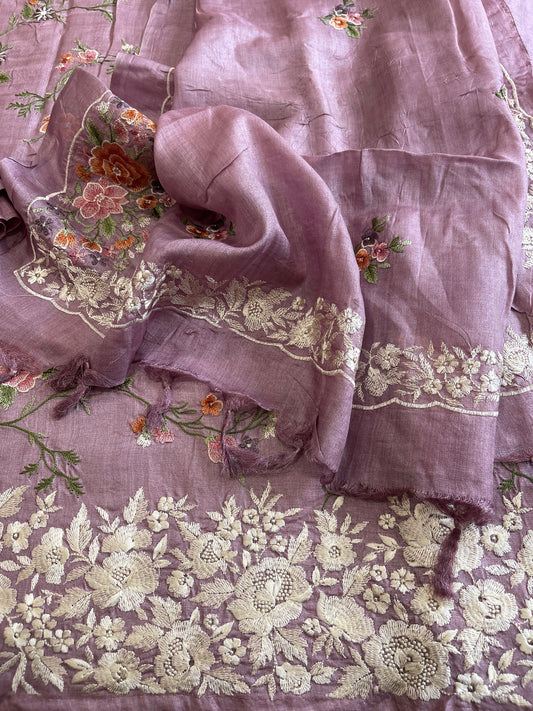 Mauve Suit Set with Thread Embroidery and Parsi Gara Embroidery in Pure Tussar Silk - Masakalee