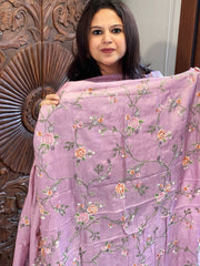 Mauve Suit Set with Thread Embroidery and Parsi Gara Embroidery in Pure Tussar Silk - Masakalee