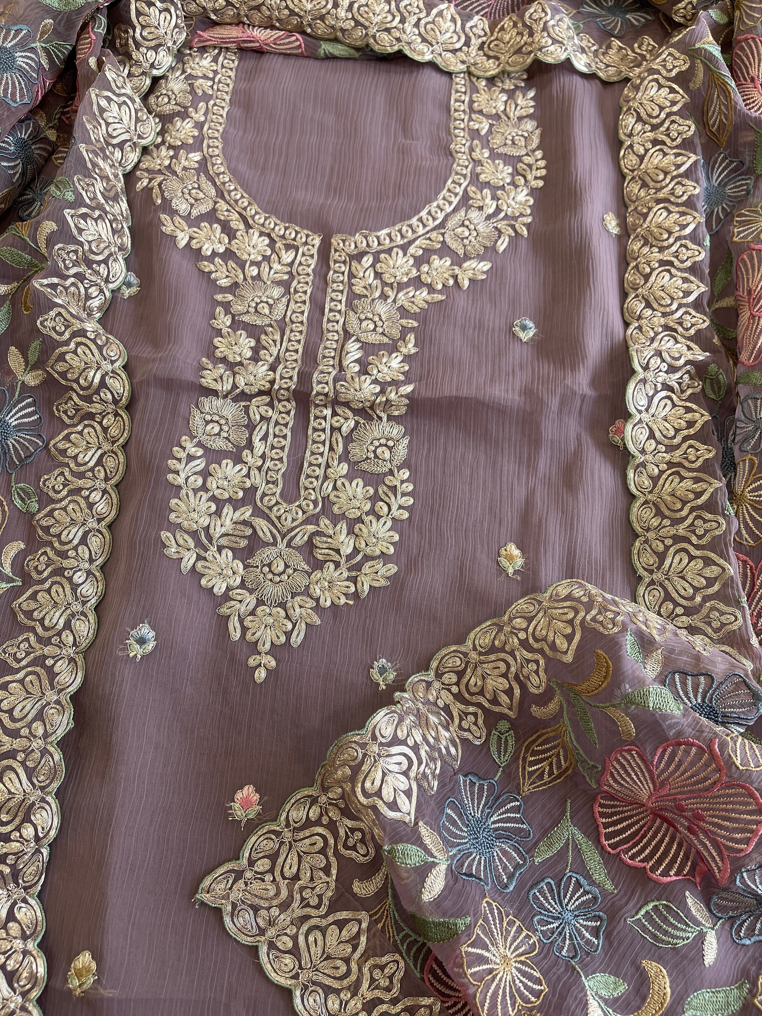 Mauve Suit Set with Thread Embroidery and Pitta Work in Georgette - Masakalee