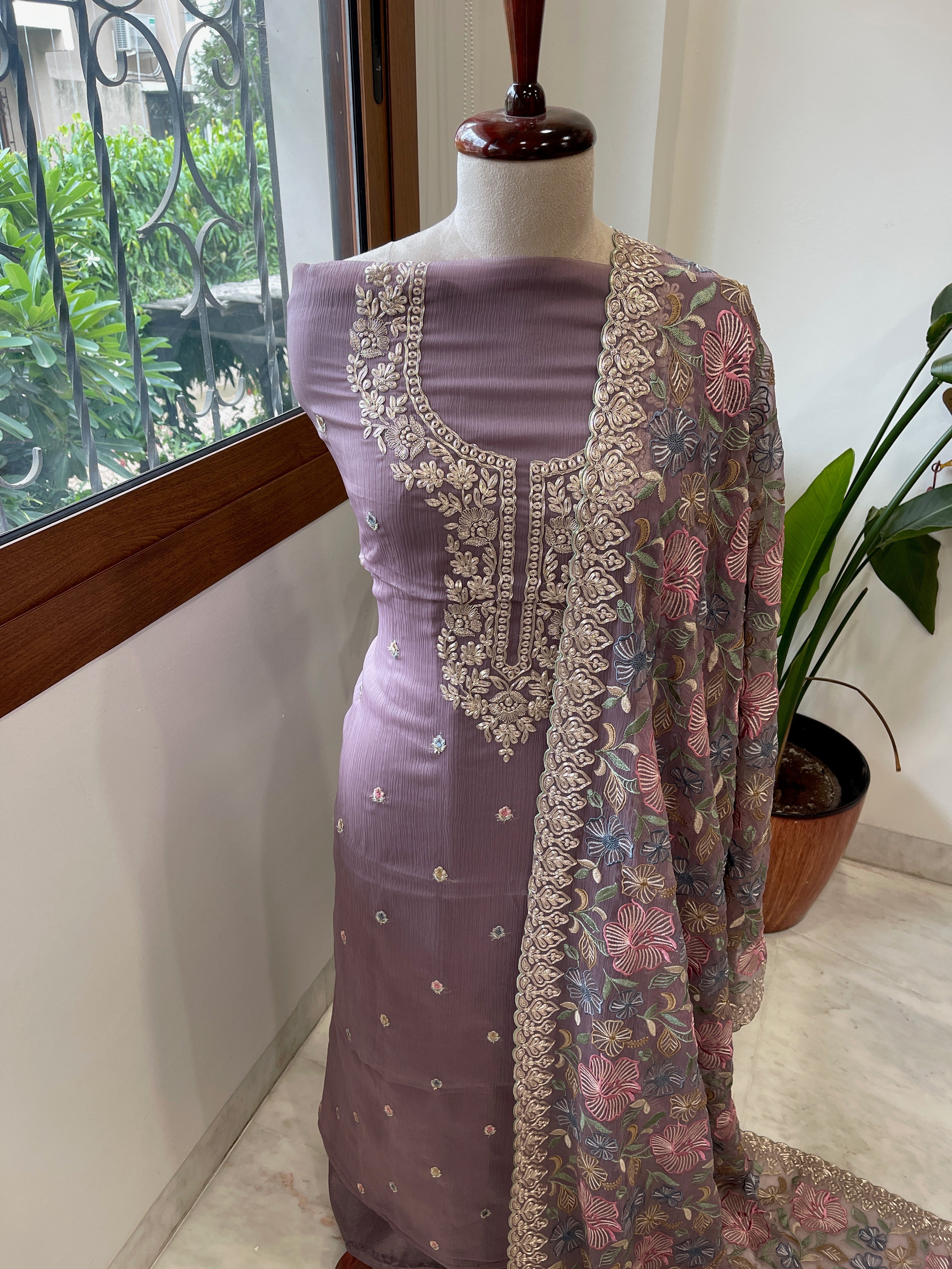 Mauve Suit Set with Thread Embroidery and Pitta Work in Georgette - Masakalee