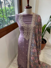 Mauve Suit Set with Thread Embroidery and Pitta Work in Georgette - Masakalee