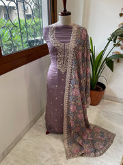 Mauve Suit Set with Thread Embroidery and Pitta Work in Georgette - Masakalee