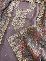 Mauve Suit Set with Thread Embroidery and Pitta Work in Georgette - Masakalee