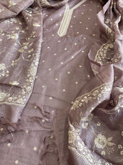 Mauve Suit Set with Thread Embroidery in Pure Tussar Silk - Masakalee