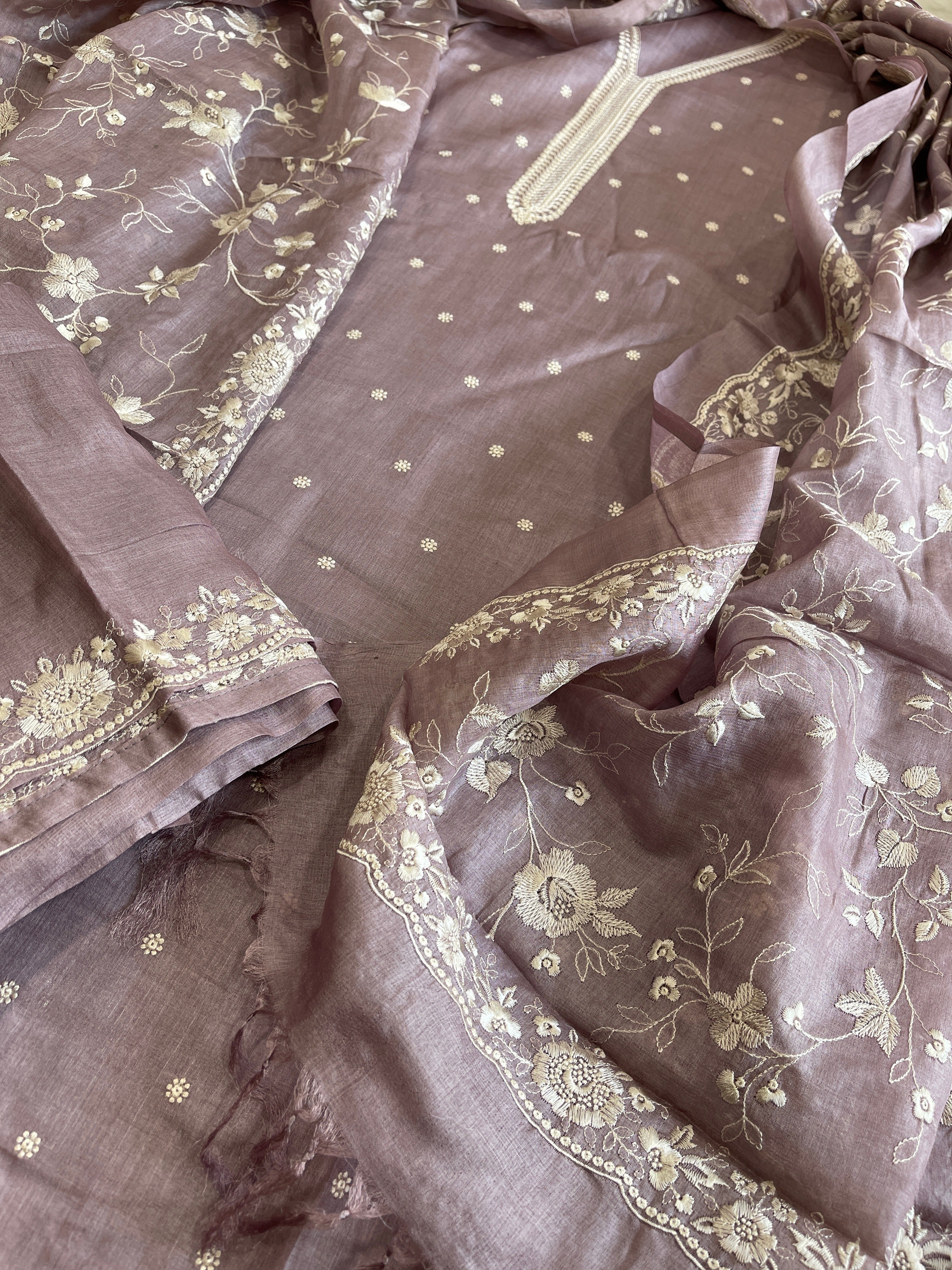Mauve Suit Set with Thread Embroidery in Pure Tussar Silk - Masakalee