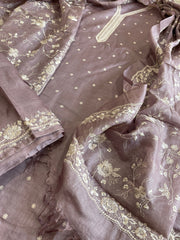 Mauve Suit Set with Thread Embroidery in Pure Tussar Silk - Masakalee