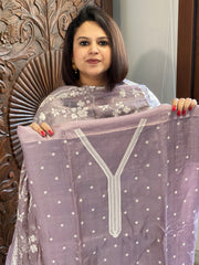 Mauve Suit Set with Thread Embroidery in Pure Tussar Silk - Masakalee