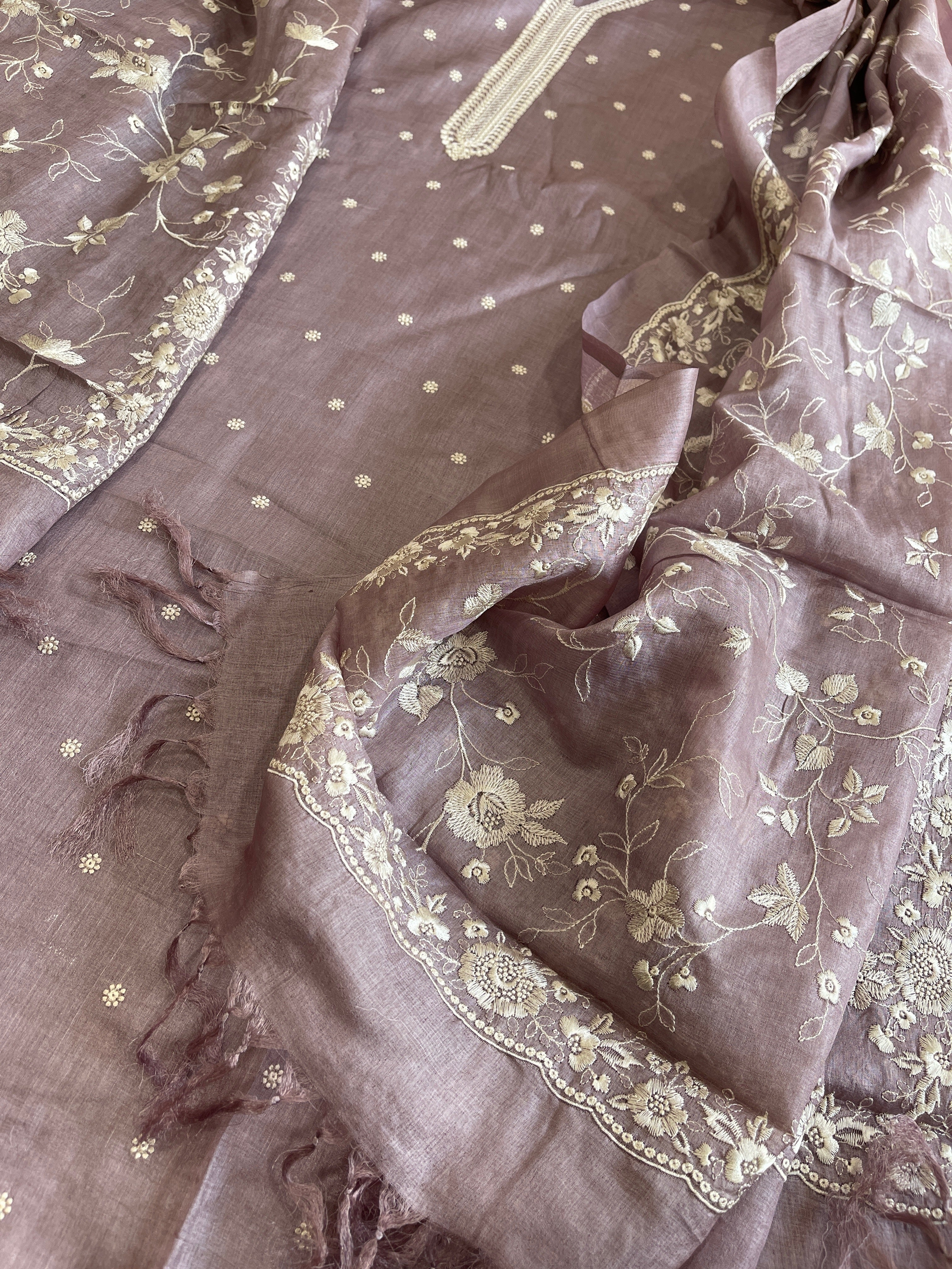 Mauve Suit Set with Thread Embroidery in Pure Tussar Silk - Masakalee