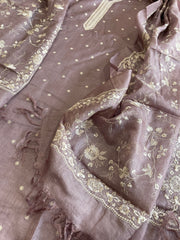 Mauve Suit Set with Thread Embroidery in Pure Tussar Silk - Masakalee