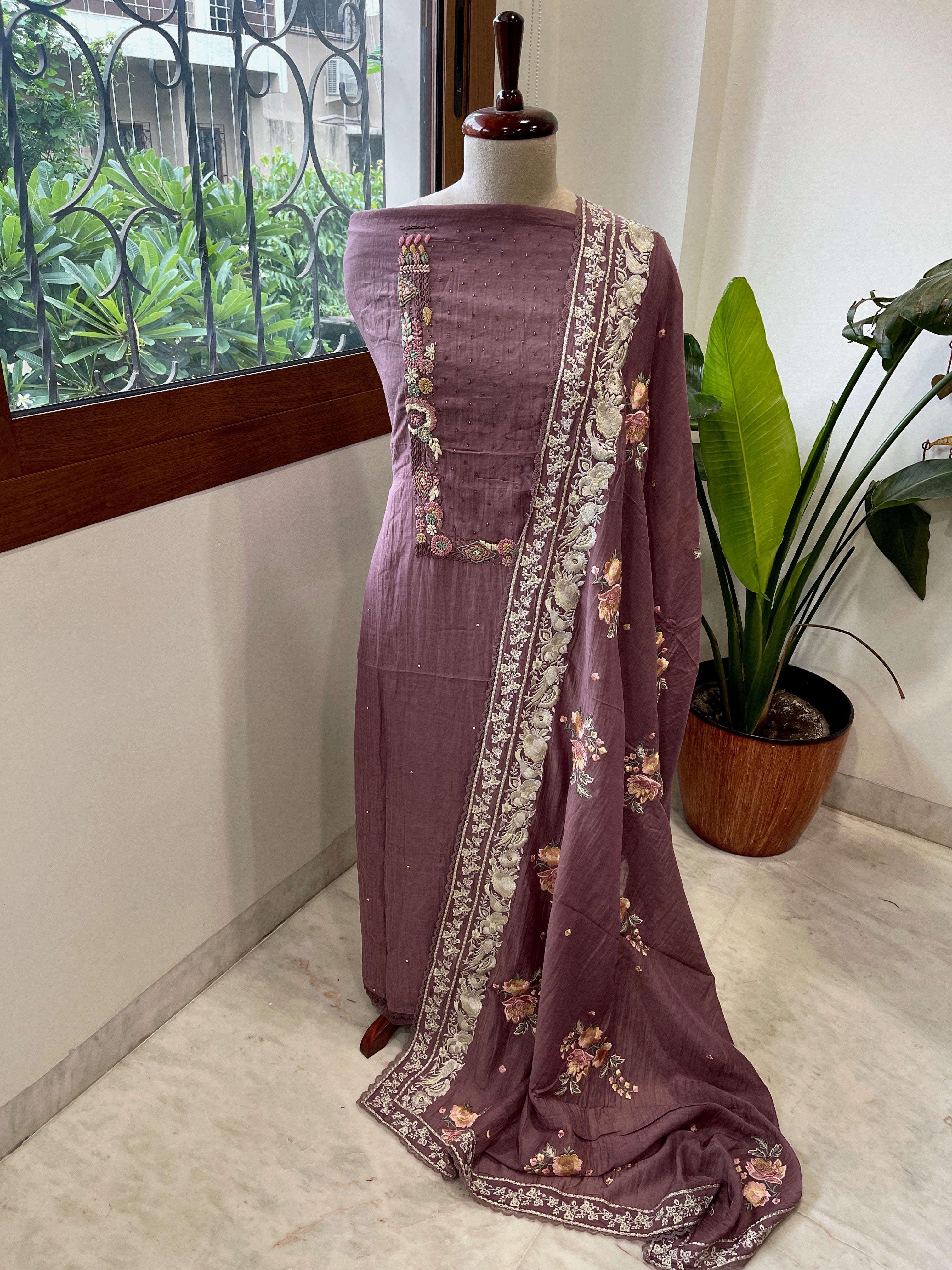 Mauve Suit Set with Thread Handwork and Parsi Gara Dupatta in Mul Cotton - Masakalee