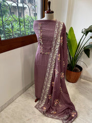 Mauve Suit Set with Thread Handwork and Parsi Gara Dupatta in Mul Cotton - Masakalee