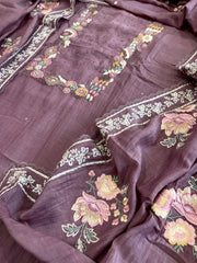 Mauve Suit Set with Thread Handwork and Parsi Gara Dupatta in Mul Cotton - Masakalee