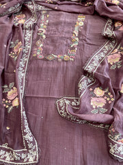 Mauve Suit Set with Thread Handwork and Parsi Gara Dupatta in Mul Cotton - Masakalee