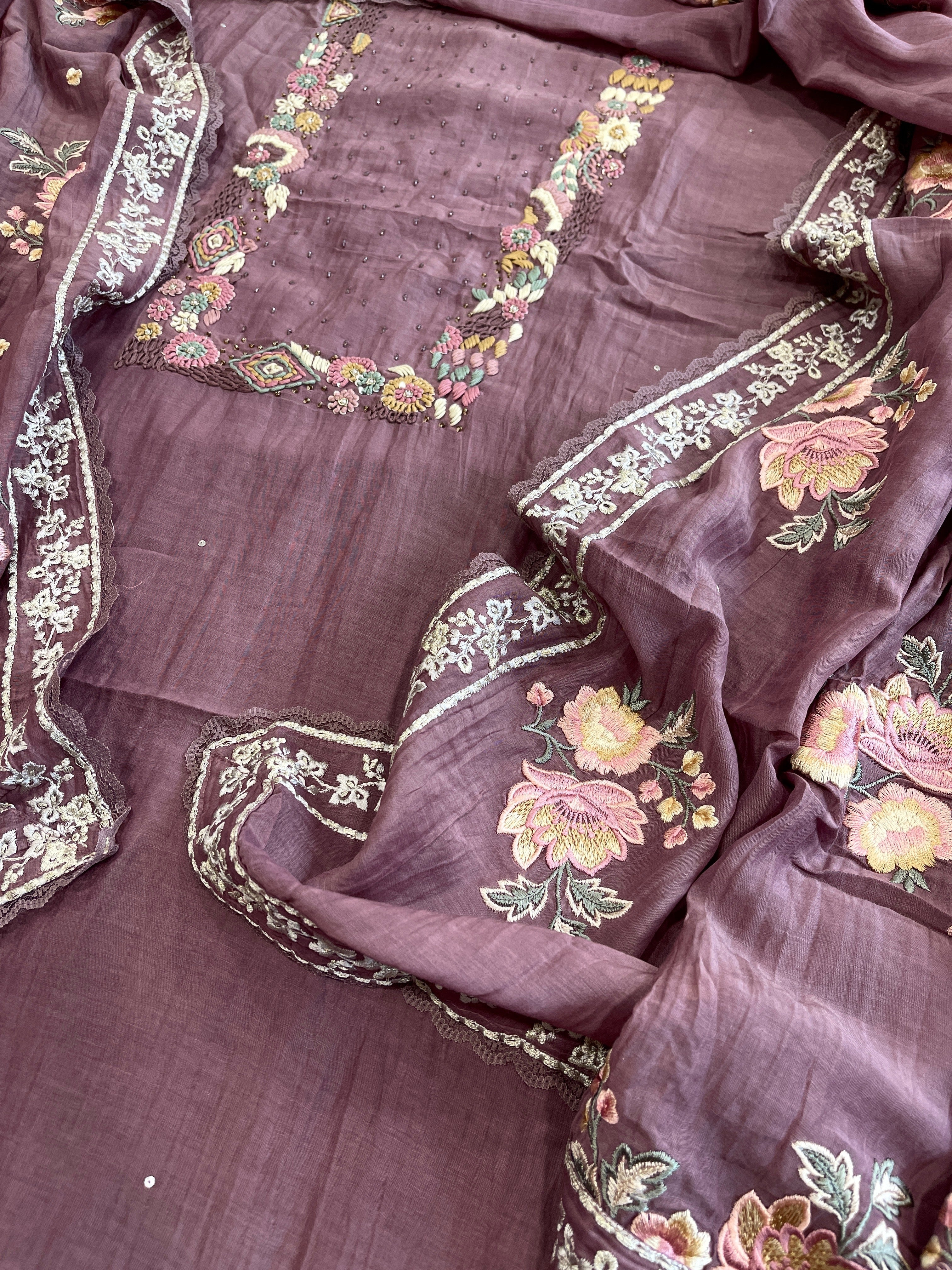 Mauve Suit Set with Thread Handwork and Parsi Gara Dupatta in Mul Cotton - Masakalee