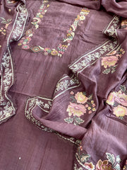 Mauve Suit Set with Thread Handwork and Parsi Gara Dupatta in Mul Cotton - Masakalee