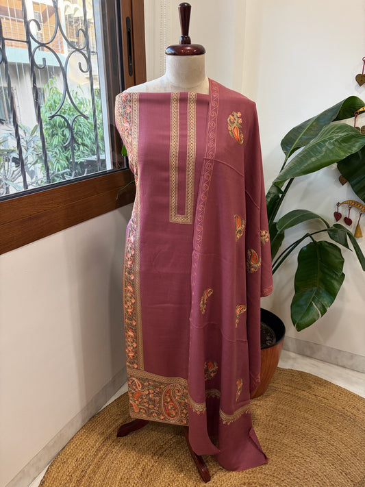 Mauve Winter Suit Set with Aari Work in Pashmina Wool - Masakalee