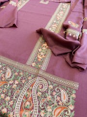 Mauve Winter Suit Set with Aari Work in Pashmina Wool - Masakalee