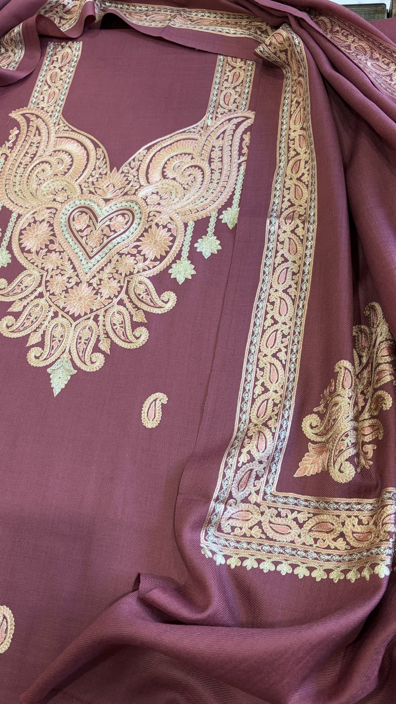 Mauve Winter Suit Set with Aari Work in Pashmina Wool - Masakalee