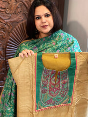 Mehendi Yellow Dupatta Set (Kurta+Dupatta) with Handblock Print in Pure Tussar Silk - Masakalee