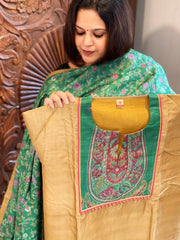 Mehendi Yellow Dupatta Set (Kurta+Dupatta) with Handblock Print in Pure Tussar Silk - Masakalee