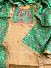 Mehendi Yellow Dupatta Set (Kurta+Dupatta) with Handblock Print in Pure Tussar Silk - Masakalee