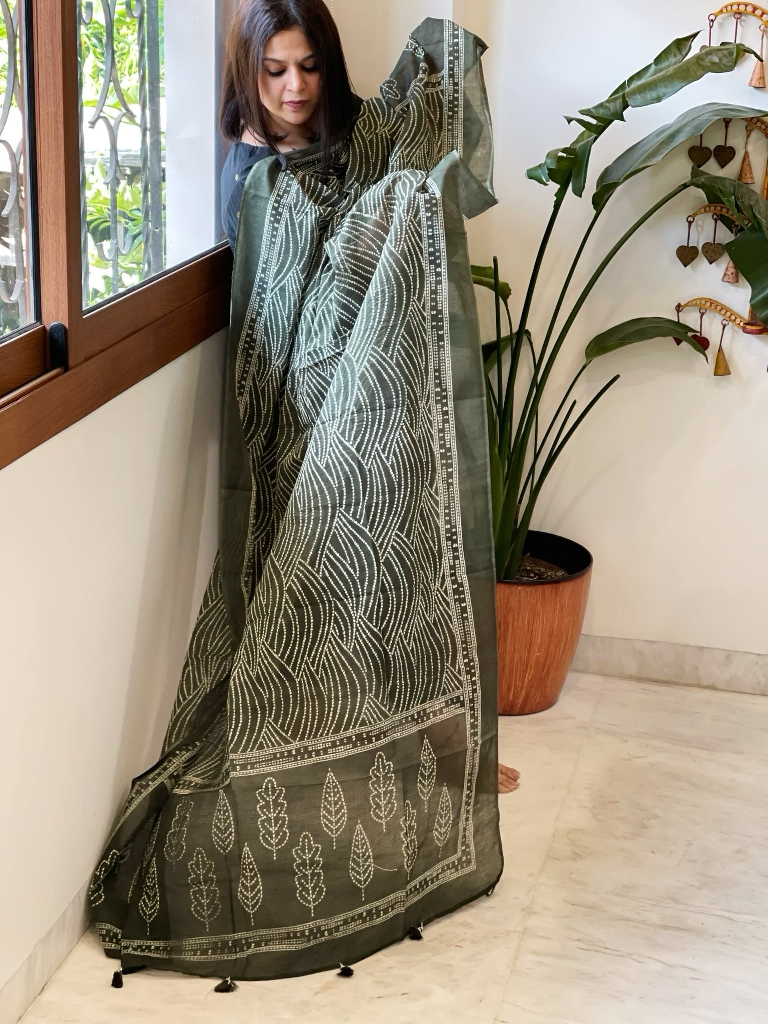 Military Green Kota Cotton Handblock Printed Dupatta - Masakalee