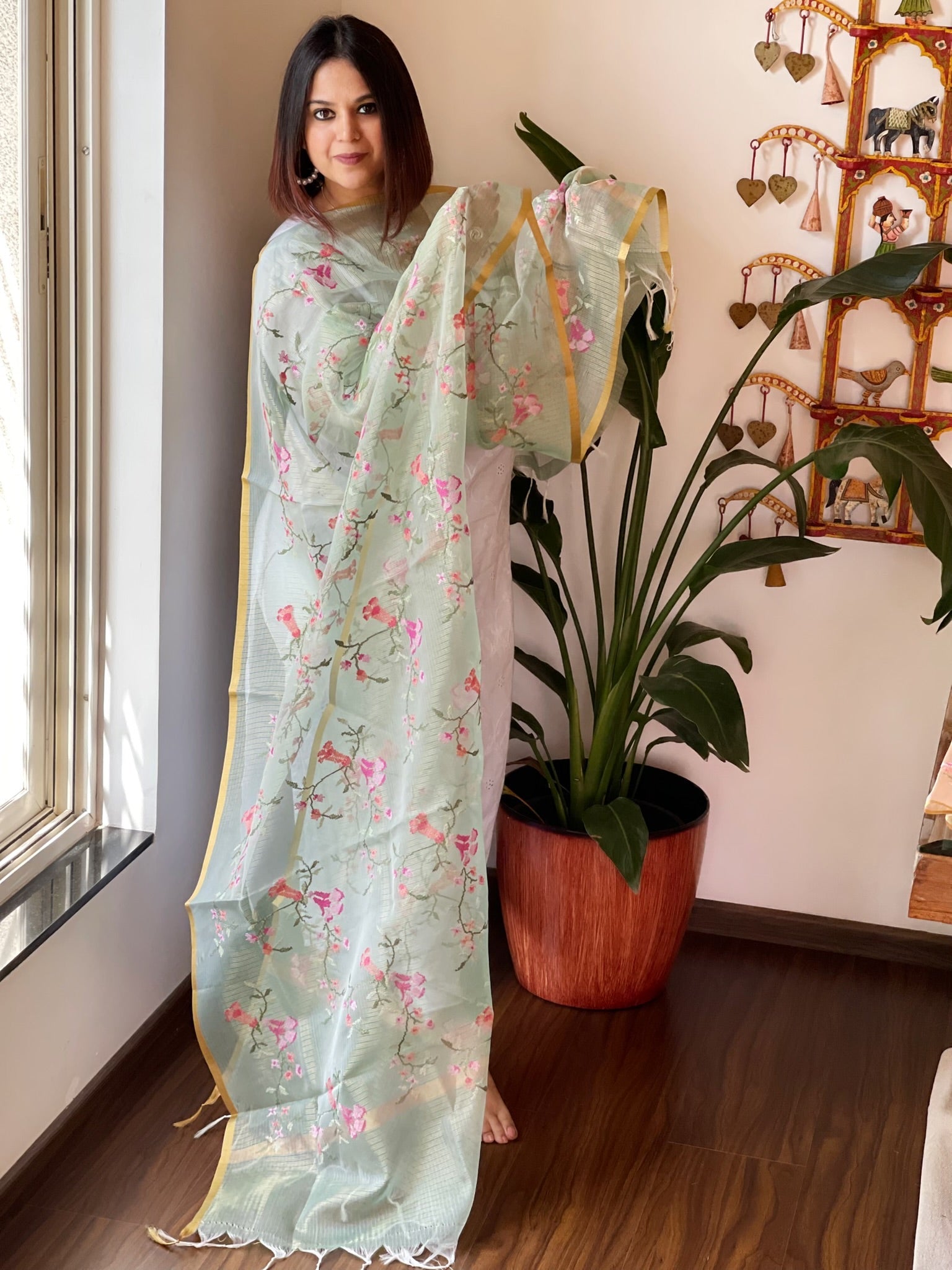 Mint Organza Dupatta with cross - stitch embroidery - Masakalee