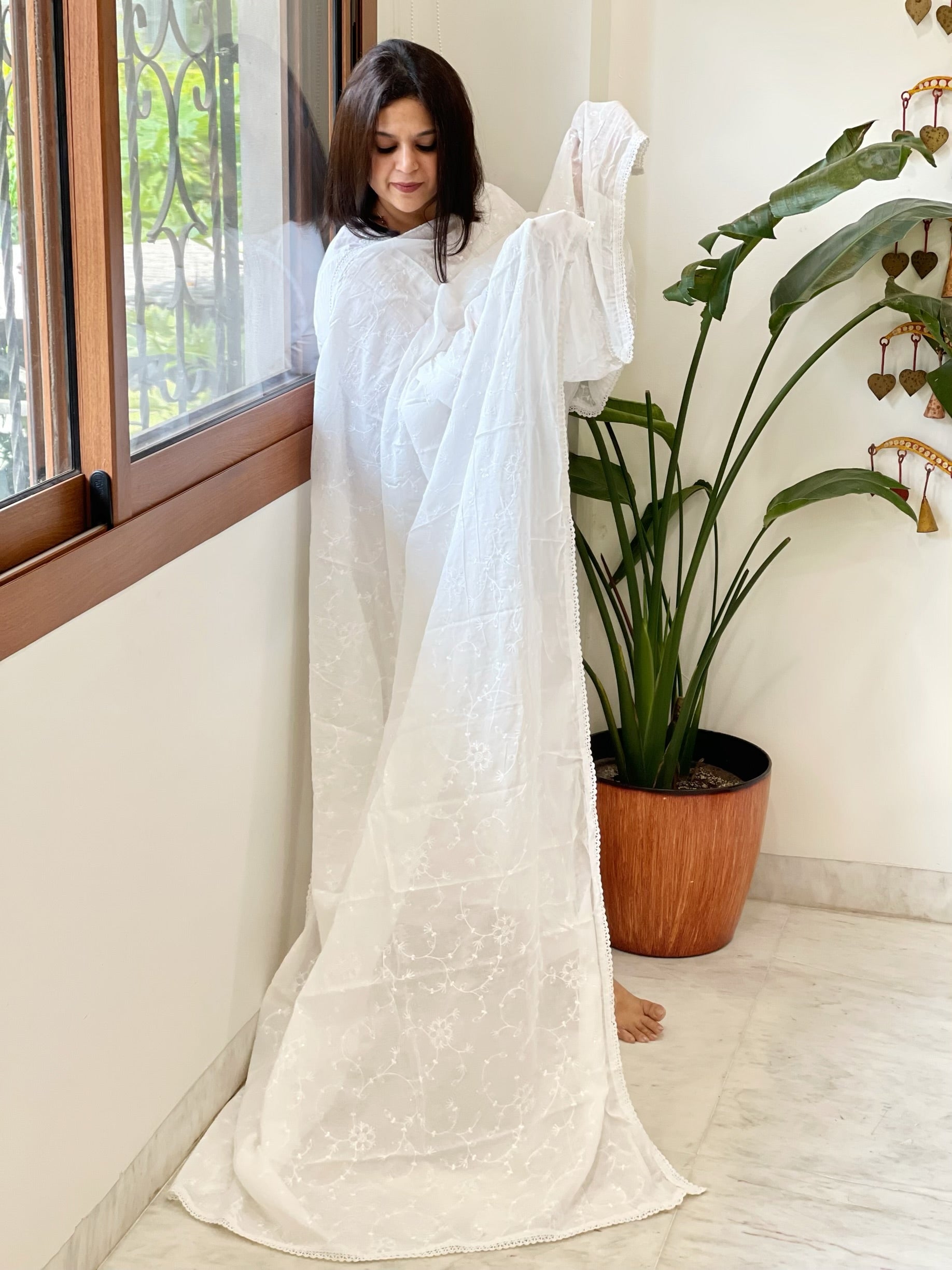 Mul Cotton Dupatta with Thread Jaal Embroidery - Masakalee