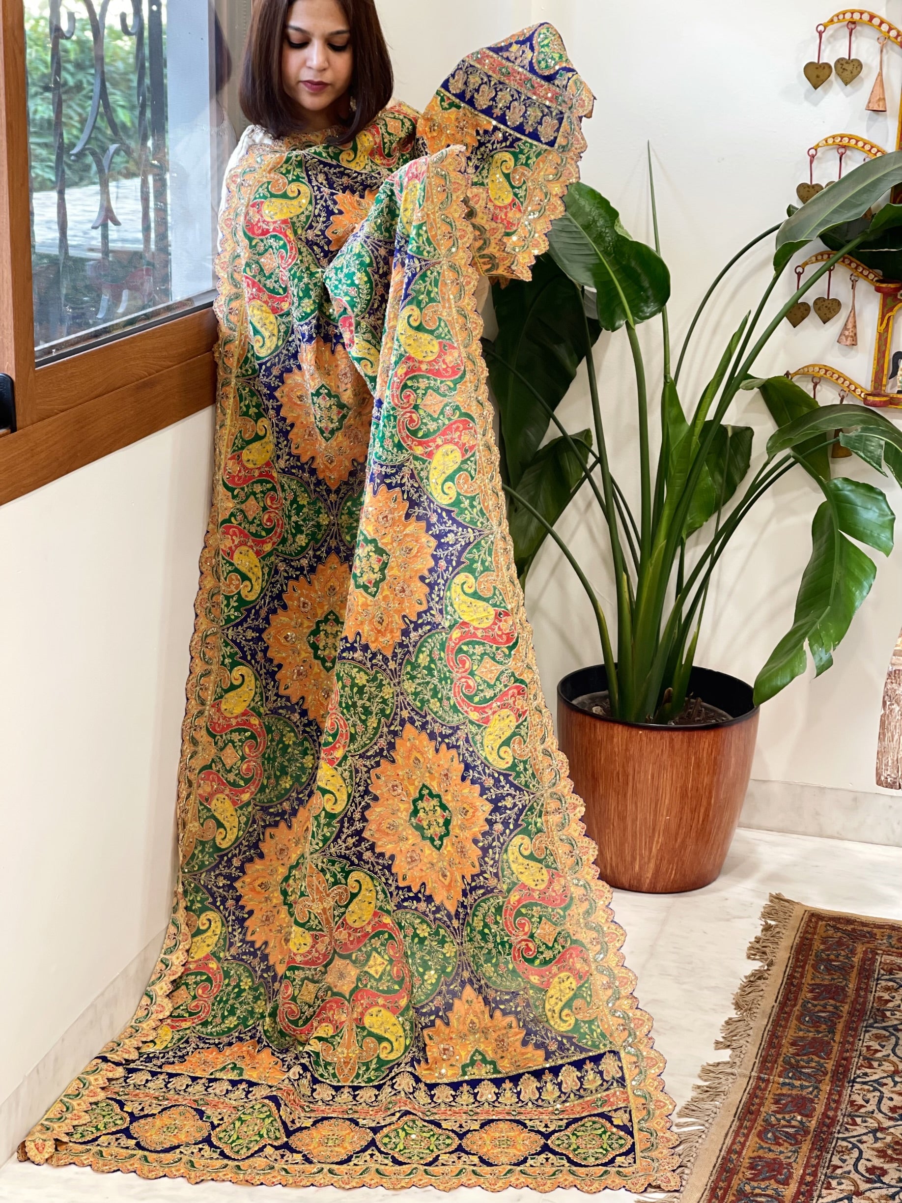 Multicolor Chinon Dupatta with Aari Embroidery - Masakalee