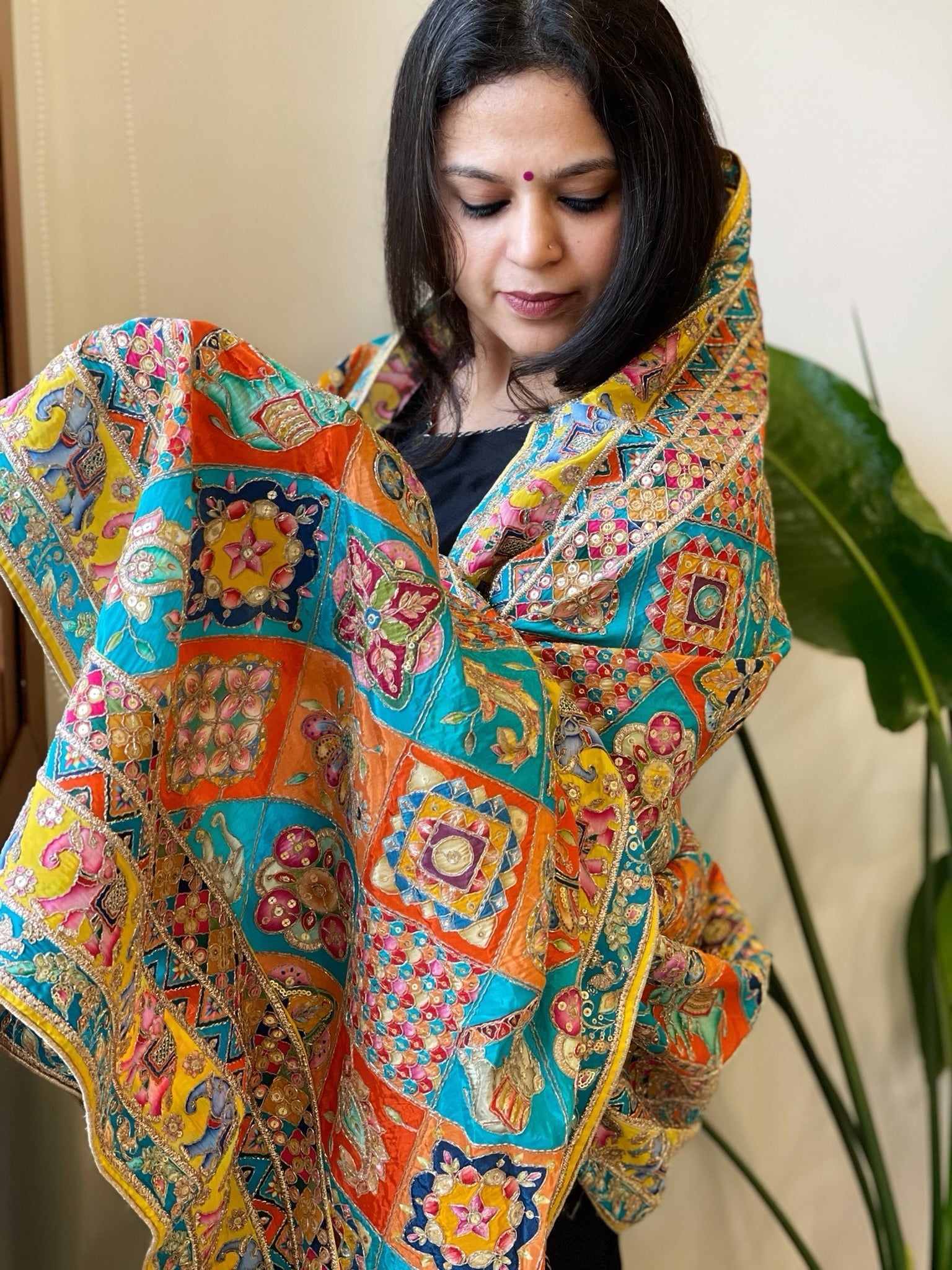 Multicolor Chinon Dupatta with Gold Thread & Aari Embroidery - Masakalee