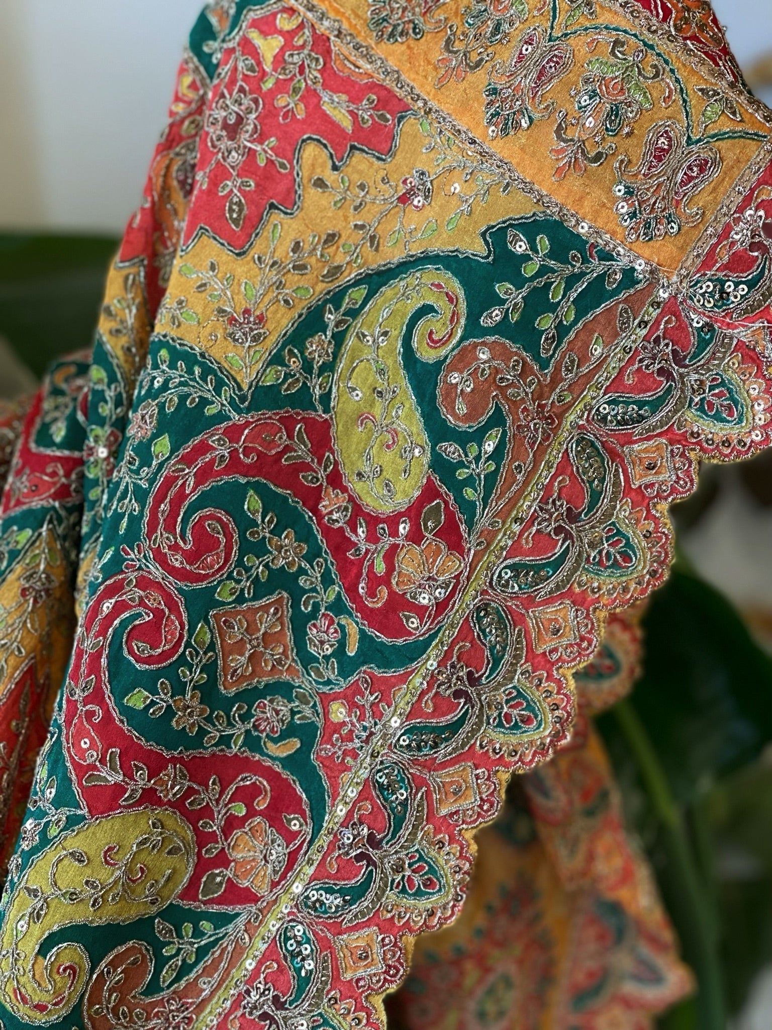 Multicolor Chinon Dupatta with Gold Thread & Aari Embroidery - Masakalee